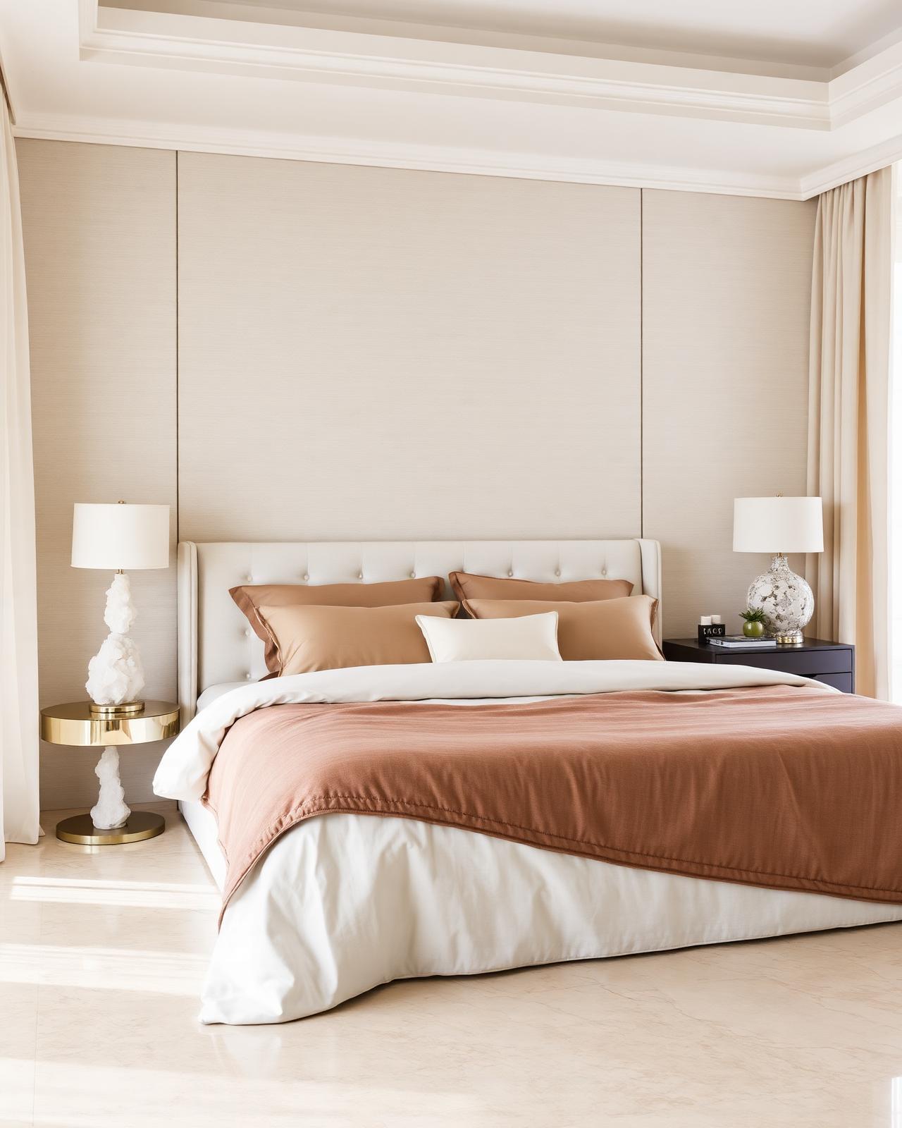 Textured bedroom setup with upholstered bed and layered textiles
