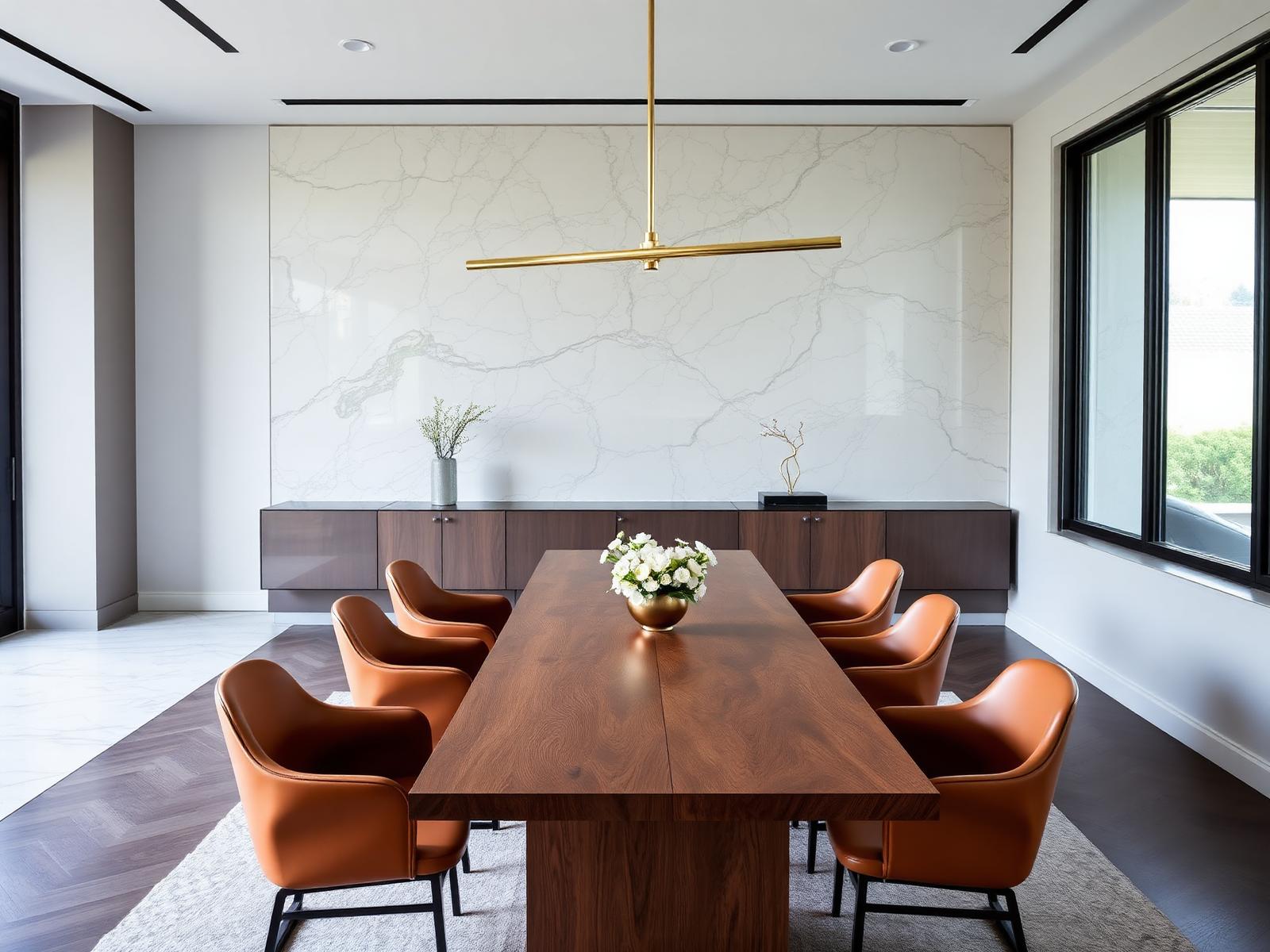 Dining room with marble feature wall