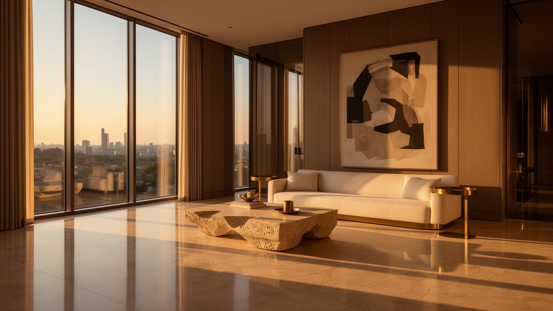 Luxurious modern living room with marble floor and brass details